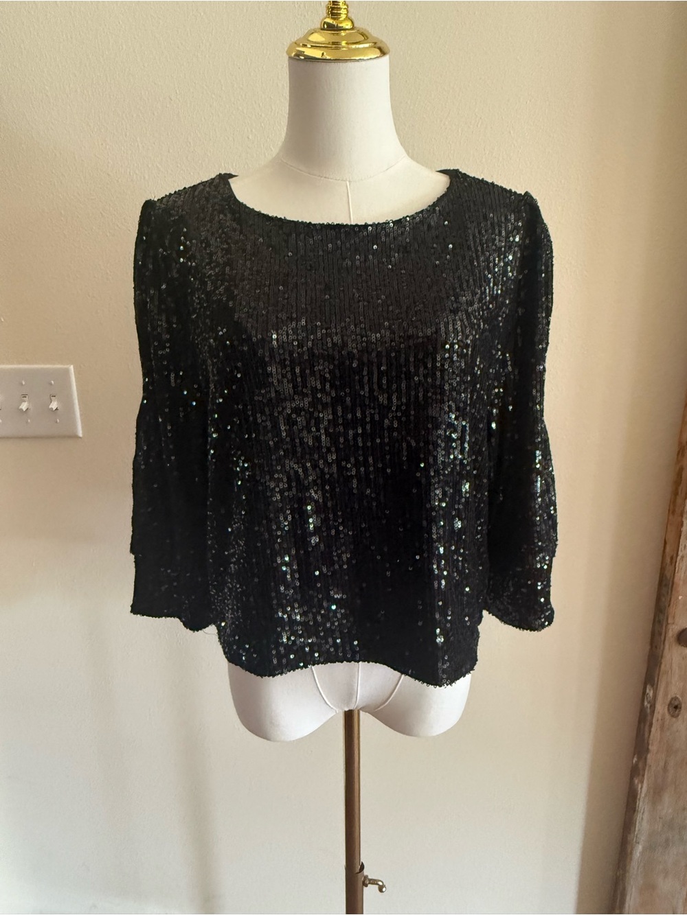 Alexia Admor Black Sequin Top - Shimmer Crewneck Blouse